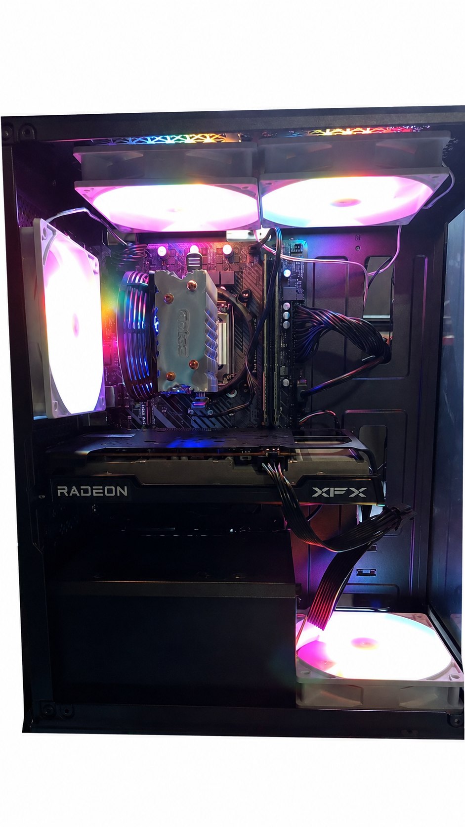Actual Custom RGB Gaming PC with RGB lighting on a white background